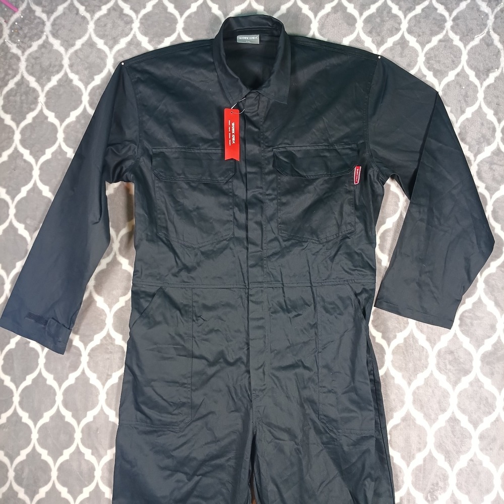 Work Idea Coveralls Men 2XL Black Cotton Six Pocket Full Zip Workwear Twill